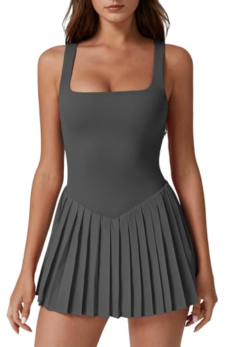 Image of QINSEN Womens Square Neck Tennis Dress Pleated Sleeveless Built in Shorts Golf Athletic Dress with Pockets