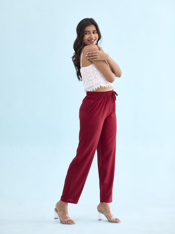 Image of GO COLORS Women Solid Mid Rise Relaxed Fit Viscose Casual Pants
