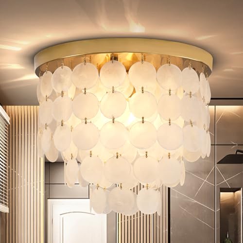 Capiz Shell Chandelier with 3 Tier Shell H12.3'' x D13.8'' Gold Metal Light Fixtures Flush Mount...