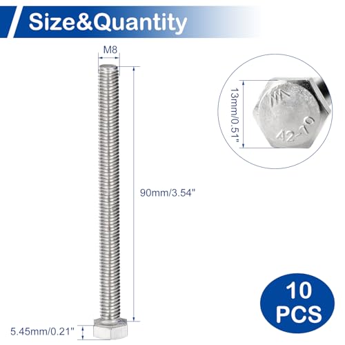 Image of MroMax 10Pcs M8-1.25 Hex Bolts, M8 x 90mm Hex Head Screws Bolts | 304 Stainless Steel 18-8, Fully Threaded, External Hex Drive, for Concrete Embedment and Column Anchoring