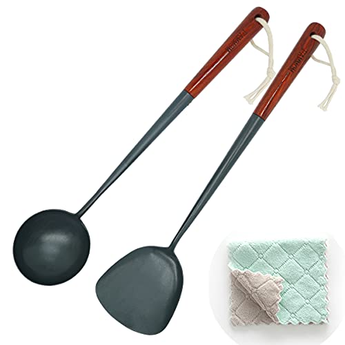 Traditionelles Pfannenwender- und Schöpflöffel-Set für Wok, asiatischer Koch, handgehämmertes Eisen, Chuan und Hoak, unbeschichtet, vorgebrannt, mit langem Griff aus Palisander Cover