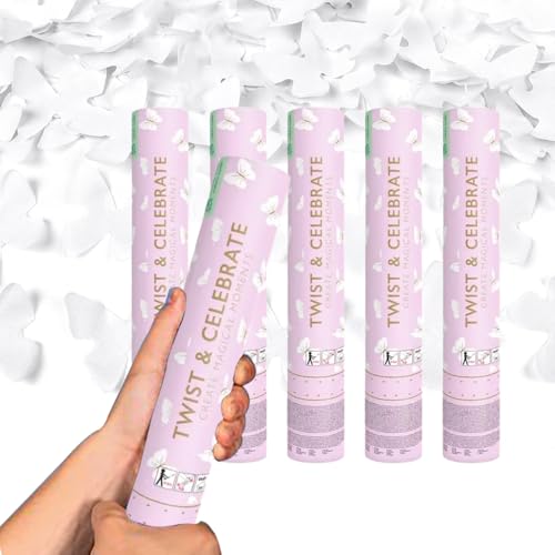 SPARKLERS CLUB Canon à Confettis 28cm Portée 5-8 mètres - Idéal Mariages, Anniversaires, Fêtes - Haut de Gamme, Sûr, Durable - Effet Spectaculaire Garanti (Papillon Blanc, 2, Canons)