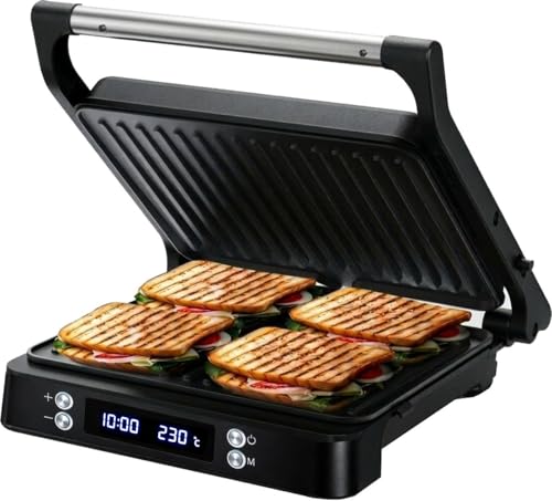 Olvy Appareil à croque-monsieur XL - Panini - Fonction minuterie - Contrôle de la température - Pour 4 sandwichs - Appareil à croque-monsieur - Sans PFAS -...