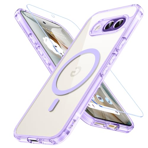 Coque Google Pixel 9A MagSafe violette transparente avec protection d'écran intégrée