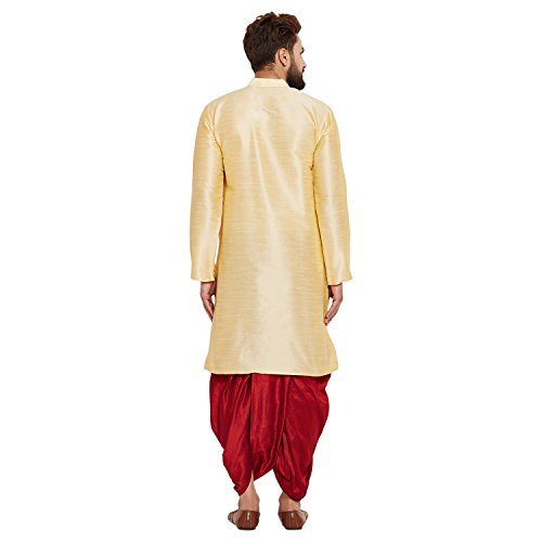 Image of SOJANYA (Since 1958 Men's Off-White and Gold Dupion Silk Dhoti Kurta Set