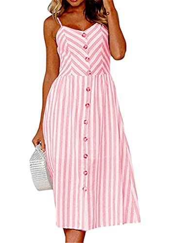 Image of YMING Womens Summer Spaghetti Strap Dresses Button Down Floral Sundress High Waist Swing Midi Dress with Pockets