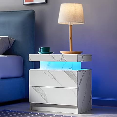 i-aplus Bedside Table with 2 Drawers, LED Nightstand Wooden Cabinet Unit with LED Lights for Bedroom, End Table Side Table for Bedroom Living Room, White Marble Cover