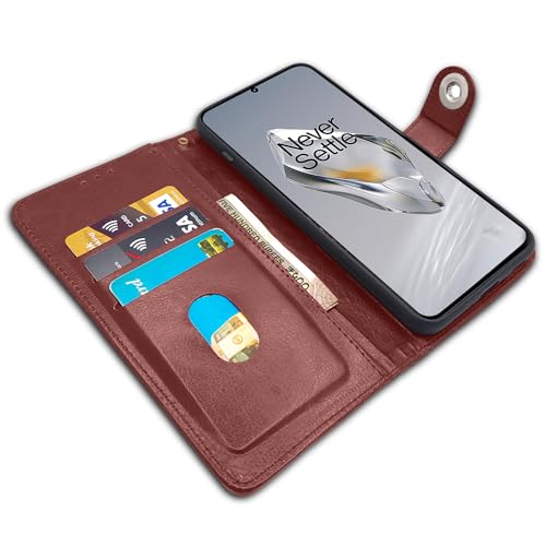 Image of Pikkme OnePlus 12 5G Flip Cover Leather Finish | Inside TPU with Card Pockets | Wallet Stand and Shock Proof | Complete Protection Button Flip Case (Brown)