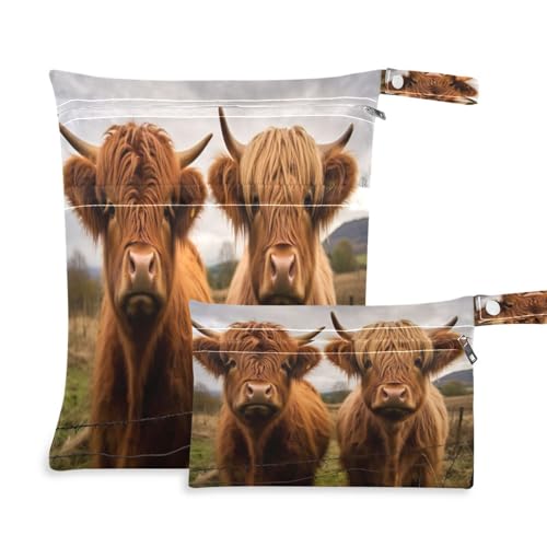 ATTX Two Scottish Highlands Cow Wet Dry Bags 2-Pack - Reusable Cloth Diaper Storage for Travel, Beach & Gym | Multi-Use Waterproof Bags for Swimsuits, Baby Clothes, Sports Gear#372