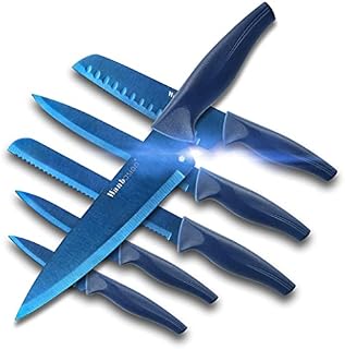 Wanbasion 6 Pieces Blue Kitchen Knives Set Professional Chef Knife, Professional Knife Set Stainless Steel, Sharp Kitchen Knives Set Professional Titanium Plated