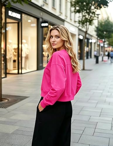 LETSEE Cropped Sweatshirt for Women Oversized Crewneck Cotton Long Sleeve Crop Pullover Casual Lightweight Boxy Sweater Rose Red — view 6