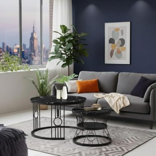 Image of Modern Nested Coffee Table Set of 2 | Round Marble Finish Tabletop with Metal Base | Luxury Center Table for Living Room, Lounge & Office (Ring Black Black)