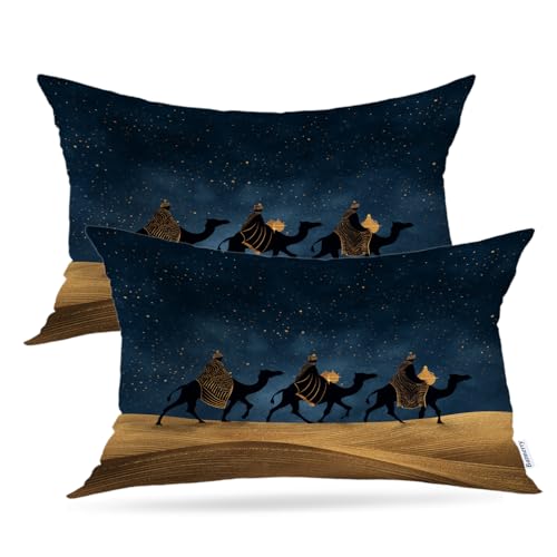 Batmerry Wise Men Desert Journey Throw Pillow Covers, Three Men On Camels At Night Decorative Pillow Covers Digital Printing Blended Fabric for Couch Sofa Bed Invisible Zipper 12X20 In(set of 2)