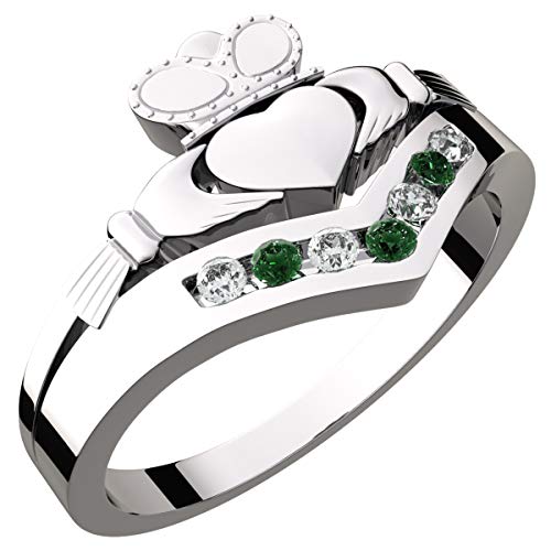 GWG Jewellery Anillos Mujer Regalo Anillo de Claddagh Plata de Ley Dos Manos Que Rodean Corazón con Corona e Incrustado con Circonitas de Color Peridoto Verde - 6 para Mujeres Cover