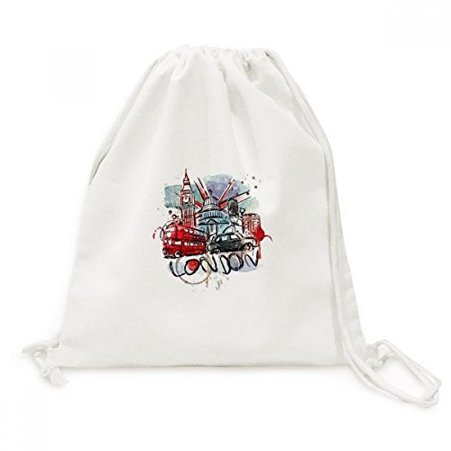 Sac à dos à cordon Londres Bus Big Ben en toile imprimé aquarelle pour voyage