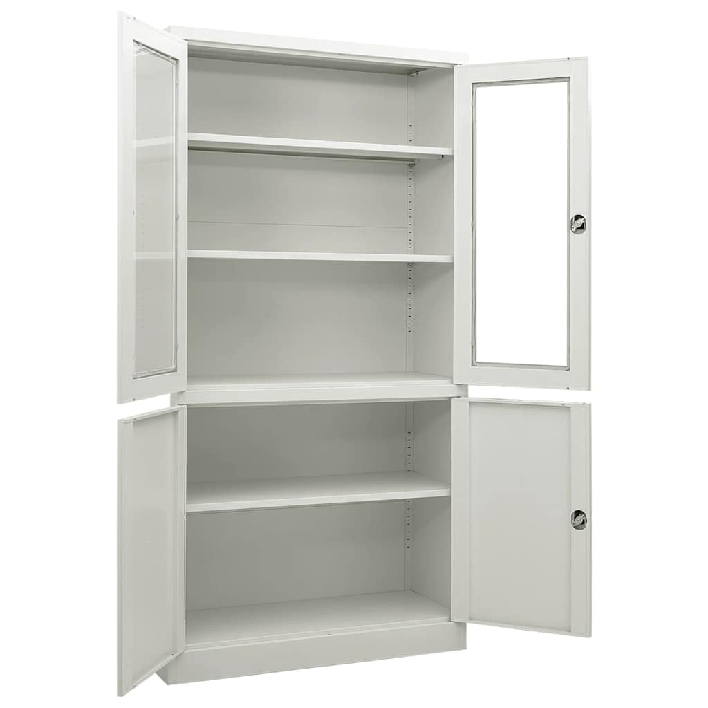 Armario de oficina gris claro de acero 90 x 40 x 180 cm con 3 estantes, 2 cerraduras, 4 puertas y tiradores para oficina, espacio de almacenamiento y almacenamiento de archivos con cristal