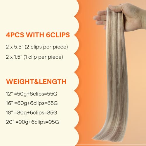 Image of Full Shine Ash Blonde Hair Extensions, Highlighted Human Hair Clip ins | Invisible Hair Extensions, 18 Inch 85g 4 Pcs, Added Volume, Natural Shine, Dinner Events, Layered Hair