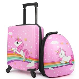 emissary Kids Suitcase for girls, 16″ Hardside Unicorn Kids Luggage Set with Spinner Wheels and Backpack, Children Carry on Girls Suitcase Toddler Travel Rolling Luggage Gifts Airline Approved