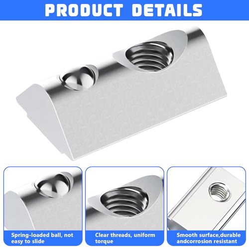 XTUDOU® 60 Stück Nutensteine mit Kugel, M6/ M8 Nutensteine 40 Serie Nutenstein mit Feder Nut 8 für Aluminiumprofil-Extrusionsschlitz