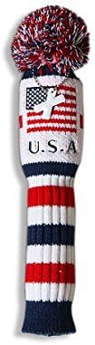 Craftsman Golf US Flag Knit Pom Pom White Blue Red Hybrid Rescue Utility Head Cover Headcover for Callaway Mizuno Cobra Taylormade (Hybrid X Cover)