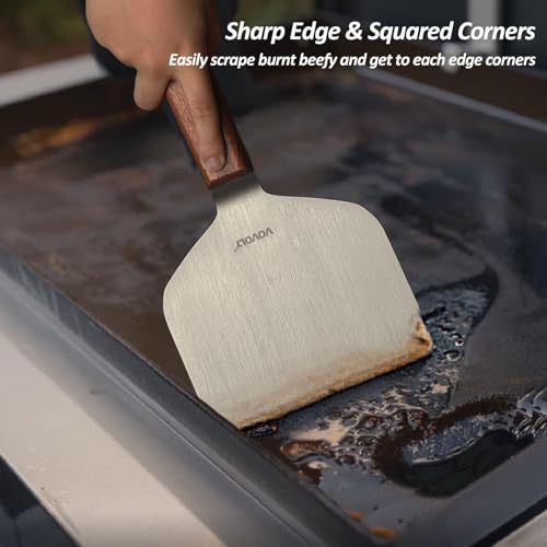 Vovoly Extra Wide Griddle Scraper, 5.5''x5.5'' Smashed Burger Scraper Grill Scraper Spatula Burger Turner - Full Tang Wooden Handle Professional Grade Grill Accessories, Knife Grade Stainless Steel - Image 6