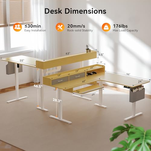 Image of WALKINGDESK 63 Inches L Shaped Standing Desk with Keyboard Tray and 2 Drawers, L Shaped Electric Standing Desk, Adjustable L Shaped Office Desk,Corner Standing Desk for Home Office, Oak