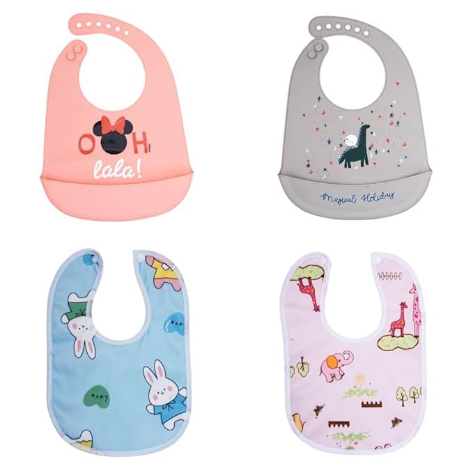 Baby Bibs | Waterproof & Washable Feeding Cotton Bibs with Detachable Food Catcher | Adjustable Neck | 6–36 Months | Pack of 4-image-41