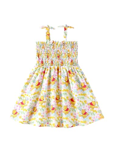 Disney Winnie The Pooh Toddler Girl Dress Yellow Floral Print Bow Tie Straps Smocked Sundress Birthday Park Casual Summer Outfit Clothes 2T