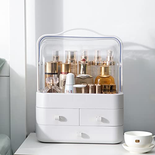 Makeup Organizer and Storage, Waterproof&Dustproof Skincare Organizer with Lid and Drawers, Makeup Organizer Box for Vanity, Cosmetic Display Cases for Bathroom, Dresser, Countertop, Bedroom (White)
