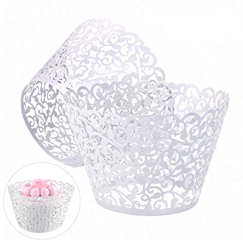 Gospire Lot de 50 moules en filigrane en dentelle de perles pour cupcakes, gâteaux et décorations de fête découpées au laser Blanc