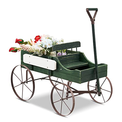 Dragosum Wooden Wagon Wheel Decor, Small Decorated Cart Garden Planter With Divider And Handle, Porch Decorations Indoor/Outdoor Planting Pots, Flower Box Wishing Wells Backyard Balcony Patio Green #TOP2
