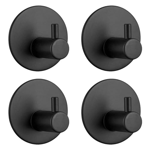 WPNCYK 4 Pcs Black Towel Holder, Self Adhesive Hooks, Tea Towel Holders, Round Stainless Steel Hook Heavy Duty Wall Mounted Hooks No Drilling Required for Bathrooms Shower Kitchen (Black)