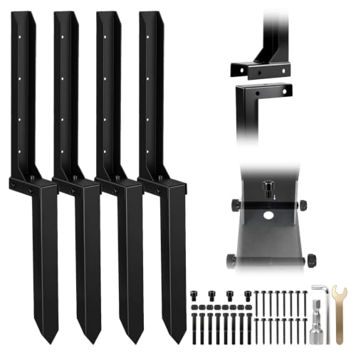 WAIWL black two-piece repair stakes with bolts, nuts, hex key, and socket adapter laid out — a whole fence line's worth of no-dig reinforcement.