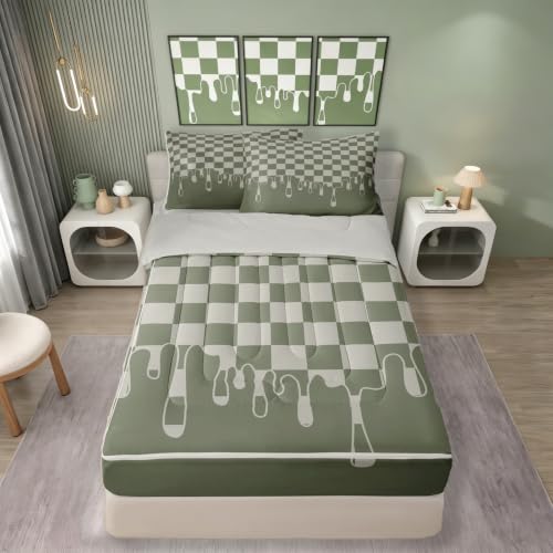 Image of Beige Sage Green Checkered Soft Zipper Bedding Set Twin,Skin-Friendly Checkerboard Drip Quilted Comforter with Fitted Sheet & Pillowcases,Grunge Aesthetic Geometric Lightweight All Season Bed in a Bag