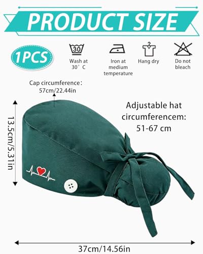 LEEQ 1 Stück OP Haube Stoff Verstellbare Arbeitsmütze mit Knöpfen OP Hauben Krankenschwesternmütze Schweißband Baumwolle Kochmütze Pferdeschwanzhalter Scheuermütze Mutze Damen Herren(grün)