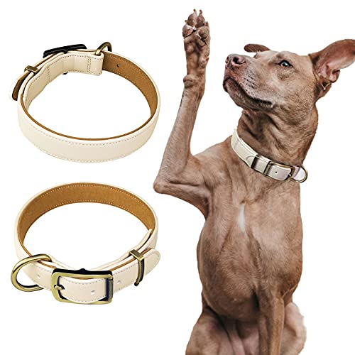 Joyeeiioo Dog Leather Collar-For Small Medium Large Dogs-Soft Padded Pet Collar-Adjustable Puppy Collars-Breathable & Heavy Duty-Classic Handmade- Strong & Durable (Beige, M) #TOP1