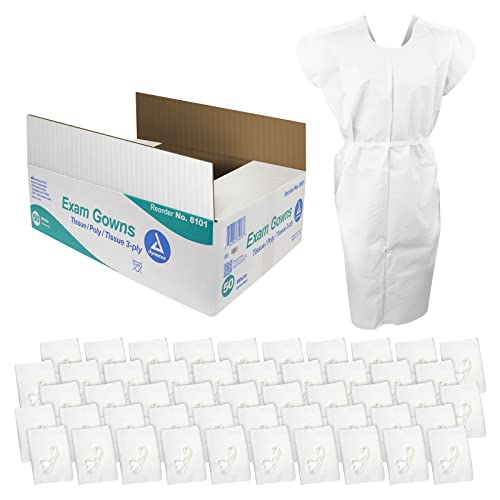 Dynarex Exam Gowns - Disposable Protective Clothing for Exams or Procedures - 3-Ply Poly Tissue, Universal Size, Front Or Back Opening & Two Plastic Ties - 50 Gowns, White