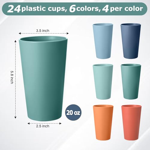 24 Pcs Unbreakable Plastic Cups Set, 20 oz Reusable Plastic Cups, Stackable Water Tumblers, Drinking Cup for Kitchen, Outdoor, BPA-free, Dishwasher Refrigerator and Microwave Safe (20 oz, 6 Colors) by HEYCOME - Used condition - Image 2