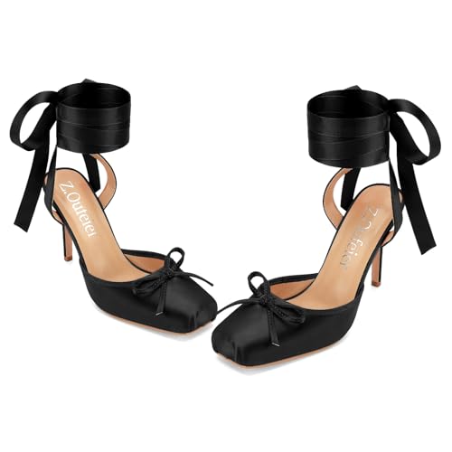 Women's Satin Ballet Heels Ballerina Bow Closed Square Toe Strappy Stiletto High Slingback Lace Up Ankle Strap Wrap Around Spiral Mary Janes Pumps Dress Shoes3