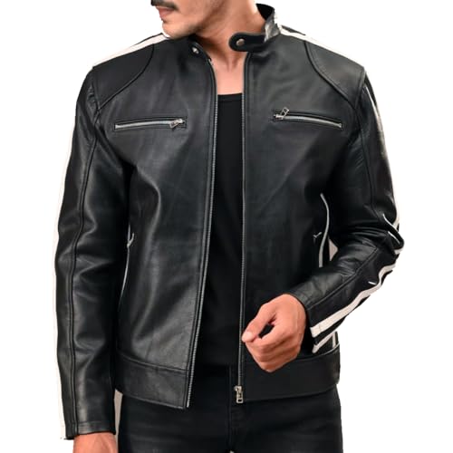 Mens Black Cafe Racer Vintage Motorcycle White Stripes Leather Jacket Retro Biker Leather Jacket