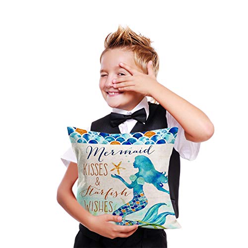 Sharej Mermaid Kisses And Starfish Wishes Pillow Cases Summer Beach Blue Decor Coastal Quote Cotton Linen Home Decorative Throw Pillow Case Cushion Cover For Sea Lover Sofa Couch 18" X 18" (Marine01) #TOP3