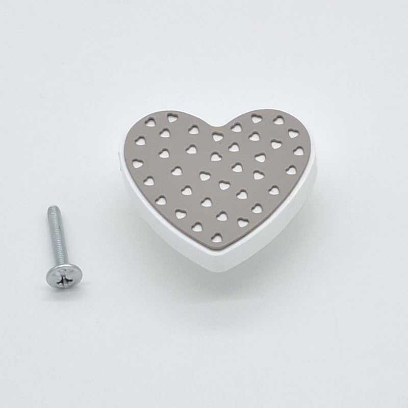 KIT 6 Pomoli in Legno a Forma di Cuore – Bianco e Tortora – Manopole per Camera Bambina, Cassetti e Armadi – Viti Incluse
