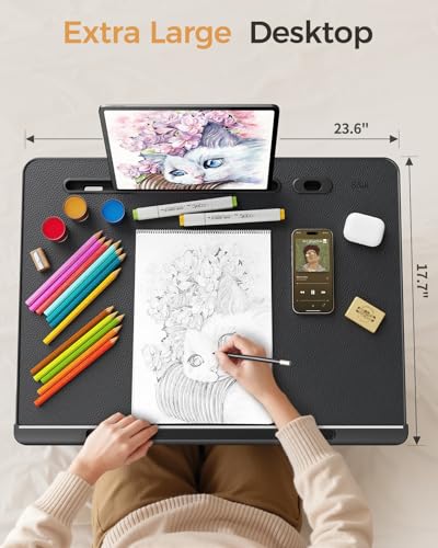 SAIJI Dual Screen Laptop Bed Desk | Foldable Adjustable Lap Desks for Adults, X-Large Couch Bed Tray Table with Portable Monitor Stand and Drawer