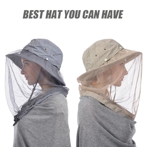 Image of USHAKE Head Net Hat, Safari Hat Sun Hat Bucket Hat with Hidden Net Mesh Set of 2 (Grey and Khaki)