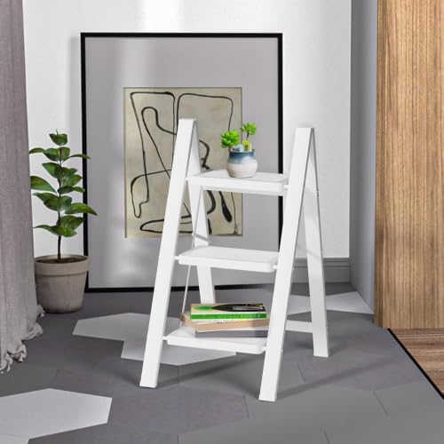 Image of SOLADDER 3 Step Ladder, Folding Step Stool, Lightweight Stepladder, White