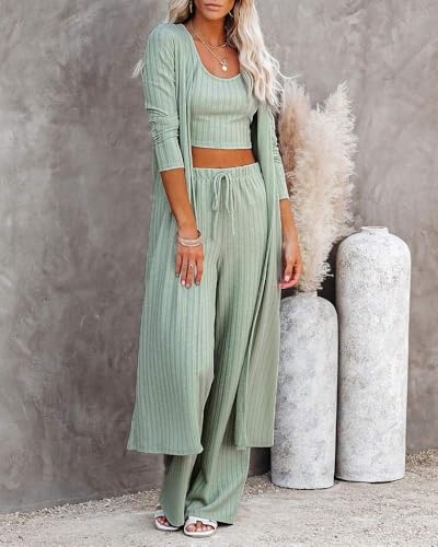 Fessceruna Womens 3 Piece Lounge Sets Pajamas Knit Long Sleeve Cardigan Crop Top Wide Leg Pants Loungewear Set2