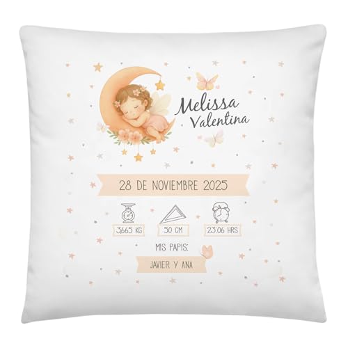 Anak Anak Cojín Natalicio Hada Niña Personalizado con Nombre y Datos de Nacimiento – Cojín Suave Decorativo para Bebé | Regalo Baby Shower y Recuerdo de Nacimiento