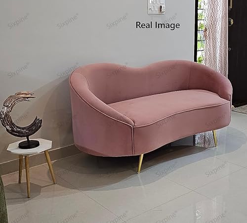 Image of Rosewood Luxury Curved Sofa in Premium Velvet-Fabric | Solid Wood Structure | High Density Foam | Sturdy Golden Legs | Comfortable & Stylish Couch for Modern Living Room (Rose Pink, 2 Seater)