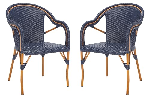 Set Of 2 - Navy - Faux Wicker & Aluminum Frame - Woven Bistro Design With Arms - Ideal For Patio, Deck, Sunroom, Dining Area, 17.3" Seat Height (pat7531b-set2)