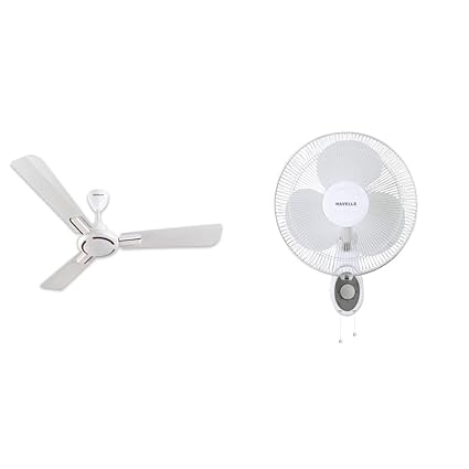 Havells Ambrose 1200mm Ceiling Fan (Pearl White Wood) & Platina 400mm Wall Fan (White)